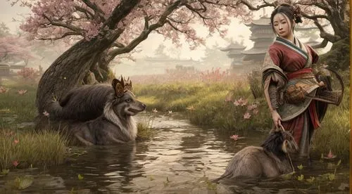  woman children ai summer queen in garden horse wagon lotus pond,mulan,oriental painting,yi sun sin,chinese art,geisha,plum blossoms,geisha girl,goki,the cherry blossoms,japanese sakura background,jap