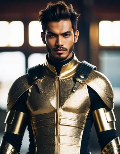 son of allah the sun as a full god, wearing a gold metal vest, gold metal pants, and gold metal boots, with powerful muscles, Japanese , insanely handsome,a man in a golden armor suit is looking at th