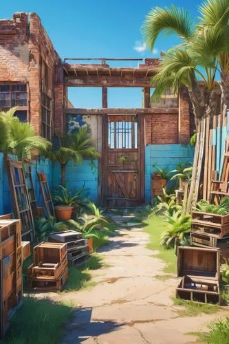 gangplank,shipwrights,backgrounds,south seas,treasure house,ramshackle,rustic aesthetic,bastion,shipyard,tropical house,constructorul,cuba background,background design,fishing village,lumberyard,lostplace,pirate treasure,dockyard,salvage yard,backgrounds texture,Illustration,Japanese style,Japanese Style 03