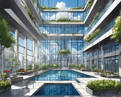 sky apartment,arcology,waterplace,planta,aqua studio,glass building,glass facade,futuristic architecture,ecotopia,sky space concept,sathorn,damac,songdo,hydroponics,leaseplan,atriums,kirrarchitecture,penthouses,streamwood,water plants,Illustration,American Style,American Style 13