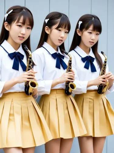 Japanese schoolgirls making music.,three s are standing together and holding their instruments,euphoniums,nmb,adumin,euphonium,angklung,chirasevenupraphand