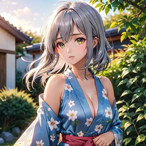 (20 years old, young:1.2)  A beautiful young girl with long messy grey hair. She is looking at the camera. A Masterpiece, best quality, relaxing, standing in the yard. wearing silk kimono. H-Cup. HD q