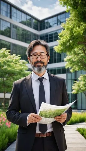 Middle-aged, male, architecture professor, Masters degree holder, wearing glasses, short brown hair, beard, formal attire, black suit, white shirt, tie, holding a blueprint, standing in front of a mod