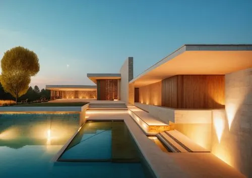 glass bricks natural stone concrete garden trees wood park pool landscape sunlight blue sky night view Spotlights night view summer manoir villa,there is an empty pool in the middle of the night,amanr