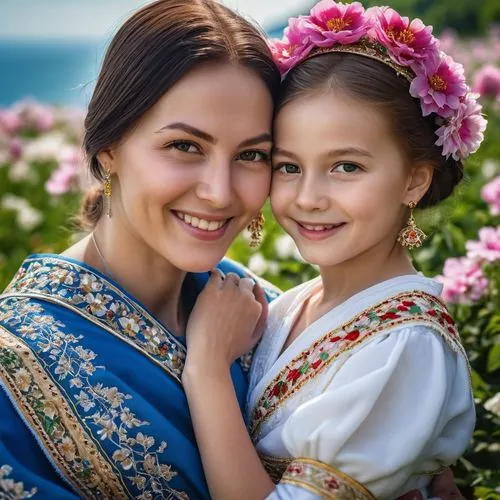 Young mother, rosy fair skin, cradling child, smiles warmed by gentle sunlight, traditional Romanian dress, surrounded by sea of flowers, Romanian Orthodox church in the background, daylight setting, 