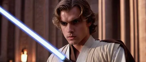 Anakin Skywalker, young adult, Jedi Knight, masculine, strong facial features, short brown hair, blue eyes, scar above left eyebrow, white Jedi robes, brown utility belt, lightsaber hilt at side, seri