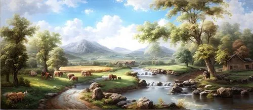 a large painting of animals grazing in a field near a river,landscape background,mountain scene,fantasy landscape,river landscape,nature background,mountain landscape