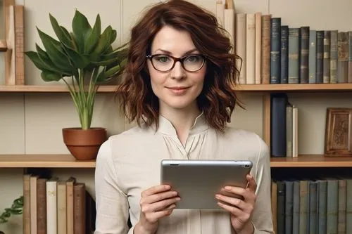 Modern architectural design blog, interior designer, mid-30s, stylish glasses, short brown hair, casual business attire, holding a tablet, standing in front of a minimalist background, natural light, 