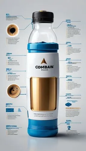 a large water bottle with the description information surrounding it,powerade,oxygen bottle,trihydrate,creatine,coffeemania,casein,Unique,Design,Infographics