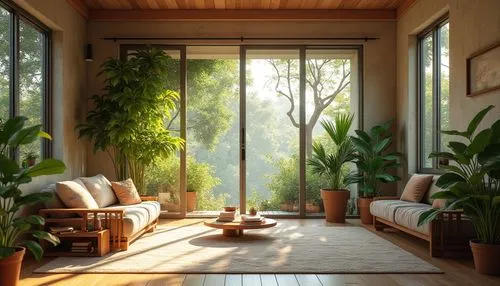 sunroom,living room,livingroom,sitting room,indoor,japanese-style room,houseplants,morning light,houseplant,home landscape,house plants,bamboo curtain,conservatory,cabana,beautiful home,tropical house,modern living room,green living,home interior,bamboo plants,Photography,General,Realistic