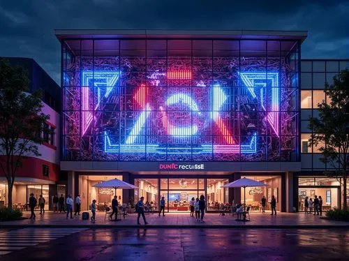 Vibrant music venue, dynamic LED lighting, futuristic architecture, curved glass facades, metallic mesh exteriors, neon-lit signage, rhythmic patterns, soundwave-inspired designs, eclectic urban lands