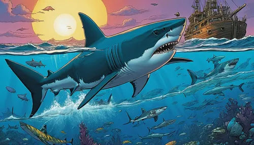 requiem shark,orca,shark,great white shark,jaws,dolphin background,marine reptile,sharks,giant dolphin,bronze hammerhead shark,sea animal,marine animal,whales,hammerhead,ocean background,cetacea,cg artwork,game illustration,sci fiction illustration,vector illustration,Illustration,American Style,American Style 01