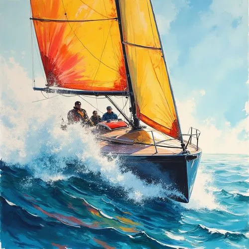 Vibrant expressive artwork. Medium shot. A highspeed monohull yacht racing through waves, water splashing, on a sunny windy day. Medium shot. In the style of mixed media, ink and watercolour, with dee