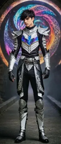 add a lower male body with black and white armor ,a man dressed in armor poses for a picture,dekaranger,beetleborgs,kazuya,sportacus,agito,ryuki