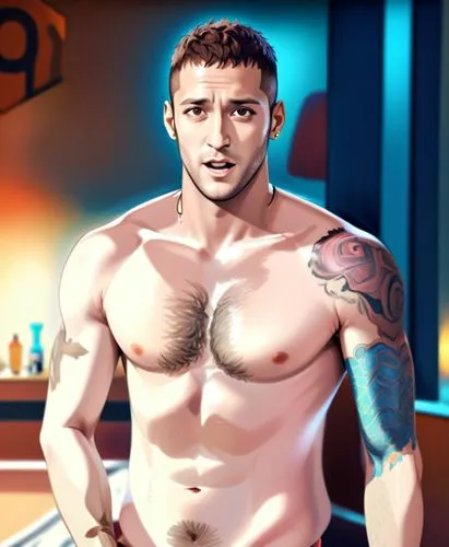 buzzcut hair, shirtless neymar,this drawing is of the tattooed man ,ghajini,gachi,pec,zelimkhan,baras,shirtless,Anime,Anime,General