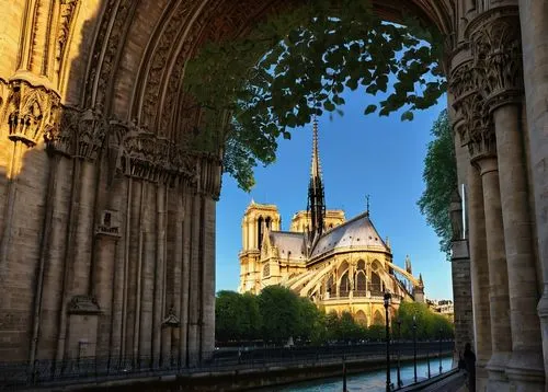 Notre Dame Cathedral, Gothic architecture, grandiose, ornate facade, stunning stained glass windows, intricate stone carvings, majestic towers, flying buttresses, ribbed vaults, detailed sculptures, s