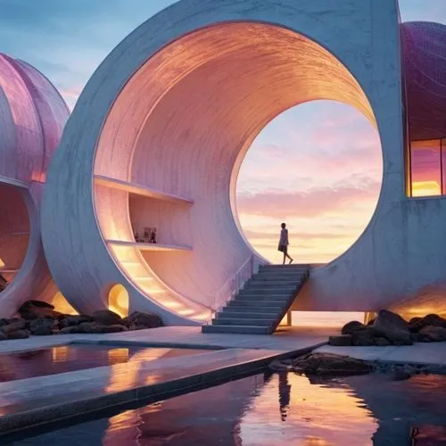 a man stands on the edge of a circular structure next to a pool,futuristic art museum,futuristic architecture,cube stilt houses,cubic house,earthship,futuristic landscape,Photography,General,Fantasy