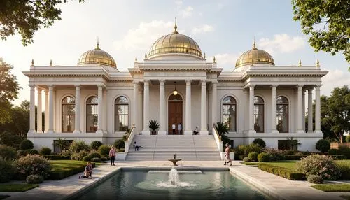 Grandiose neoclassical building, symmetrical facade, ornate columns, intricately carved architraves, imposing entrance, sweeping staircases, majestic domes, gleaming white marble, polished bronze deta