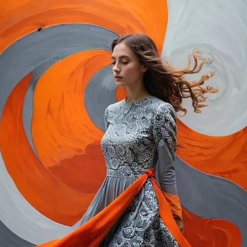 girl in a long dress,a girl in a dress,tahiliani,torn dress,marimekko,kurung,long dress,swirling,coral swirl,girl in cloth,missoni,flamenca,etro,mesmerising,qipao,a floor-length dress,yulia,fabric painting,girl in a long dress from the back,orange robes,Illustration,Realistic Fantasy,Realistic Fantasy 36