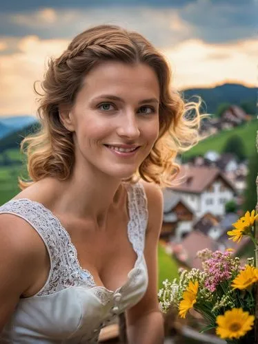 hochzeit,dirndl,beautiful girl with flowers,fraulein,girl in flowers,romantic portrait,Photography,General,Cinematic