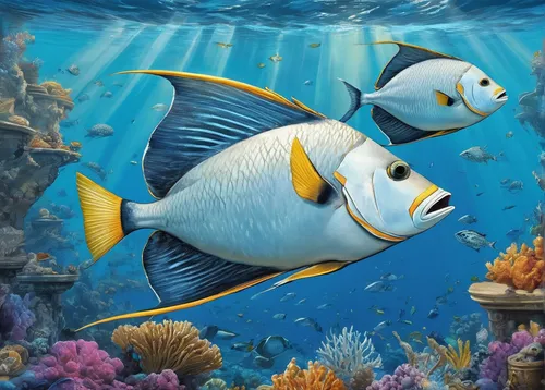 lemon butterflyfish,coral reef fish,blue stripe fish,lemon surgeonfish,two fish,aquarium inhabitants,underwater fish,butterflyfish,triggerfish-clown,aquarium decor,napoleon fish,pallet surgeonfish,marine fish,triggerfish,school of fish,rhino fish,angelfish,underwater background,fish in water,aquarium fish,Art,Classical Oil Painting,Classical Oil Painting 02