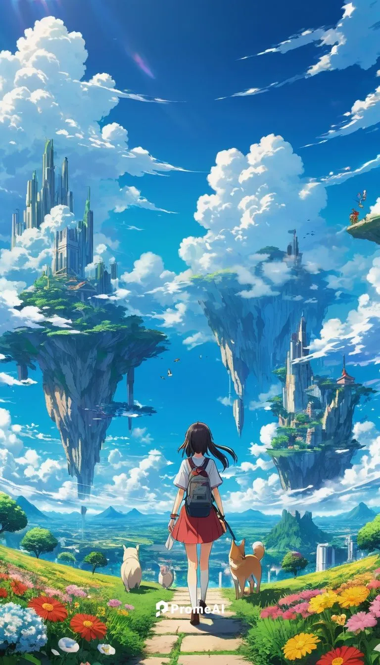 Parallel world scenario where it is on a plain with a human civilization with flowers and animals. With a blue sky, few clouds.,ghibli,thatgamecompany,fantasia,arrietty,hosoda,cloudstreet,3d fantasy,m