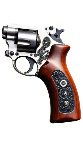 realistic gun, metallic finish, detailed engravings, wooden grip, chrome barrel, trigger, muzzle, iron sights, pistol, revolver, rifle, shotgun, handgun, bullet magazine, ammunition, leather holster, 