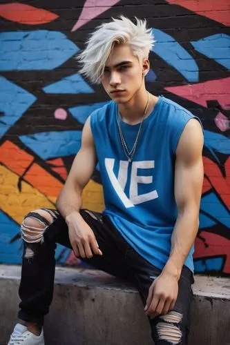 Therian, anthropomorphic, wolf-like, youthful male, 18yo, bright blue eyes, sharp facial features, messy white hair, pierced ears, silver studs, casual wear, ripped jeans, black graphic tee, sneakers,