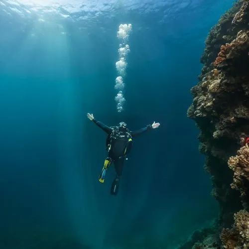 A scuba diver diving on the deep ocean,freediving,scuba diving,underwater diving,divemaster,scuba,the bottom of the sea,snorkeling,ocean underwater,great barrier reef,under water,diving,bottom of the 