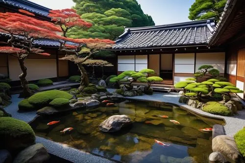 japanese zen garden,ryokan,japan garden,koi pond,japanese garden,zen garden,ryokans,japanese-style room,japanese garden ornament,sake gardens,kyoto,teahouse,dojo,japan landscape,beautiful japan,garden pond,ritsurin garden,ginkaku-ji temple,japanese shrine,japanese art,Art,Classical Oil Painting,Classical Oil Painting 16