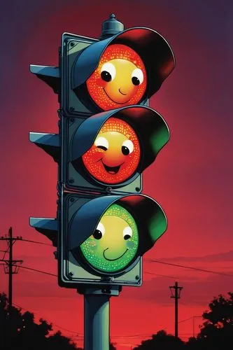 A traffic light whose red light is on, the red light has a winking face,traffic signals,traffic lights,traffic light with heart,heart traffic light,traffic signal,traffic light,traffic light phases,st