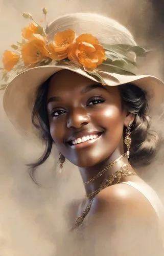 rolf armstrong style, woman drawn in single line, simple design, flowers
,a beautiful young lady with an orange hat,oshun,gele,african american woman,leontyne,beautiful bonnet,beautiful african americ