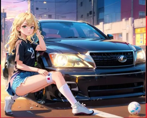 a sexy woman, with blonde wavy hair, oversized shirt with short shorts, high socks, and a shiny, black lexus IS,a woman that is sitting on the back of a car,girl and car,car model,sentra,nissans,corsa