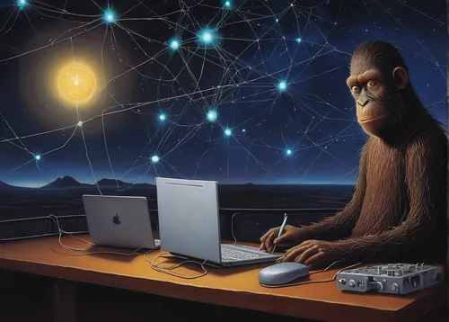 man with a computer,orangutan,ape,primate,chimp,computational thinking,chimpanzee,great apes,orang utan,monkey island,the monkey,the thinker,primates,pear cognition,night administrator,thinking man,thinker,kontroller,the ethereum,gorilla,Illustration,Realistic Fantasy,Realistic Fantasy 18