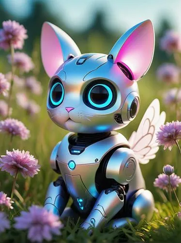 soft robot,minibot,pollinator,blossom kitten,flower cat,wind-up toy,chat bot,cute cartoon character,drone bee,flower fairy,doll cat,stitch,cyan,fairy penguin,flower animal,garden fairy,pollinate,3d model,skyflower,artificial fly,Illustration,Abstract Fantasy,Abstract Fantasy 05