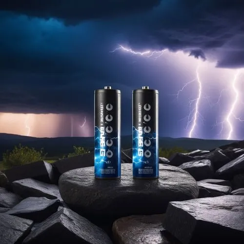 a digital batteries in a dark crack stone with wild storm with scary lightning effect on the background, dark sky, wide angle , storm


,two cans on a rock with a large bolt in the background,fuchai,r