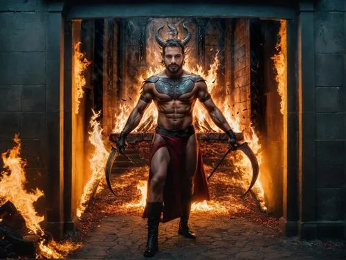 Erediel As Horned Demon Devil, Mysterious Smirk, Mephistopheles. Devilishly Handsome. Red, Surrounded By Fire, Gates Of Hell. Wall Of Fire And Flames. in his hands he carries two flaming double swords