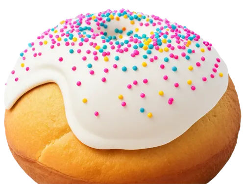 Concha, Mexican sweet bread, colorful sprinkles, golden crust, soft interior, creamy white icing, round shape, solo, close-up, warm lighting, shallow depth of field, appetizing composition, vibrant co