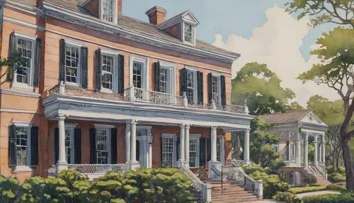 rowhouses,haddonfield,reynolda,telfair,natchez,monticello,edenton,ferncliff,annapolis,brownstones,albemarle,savannah,marylhurst,eastover,charleston,bronxville,tyringham,house painting,brookgreen,henry g marquand house,Illustration,Retro,Retro 25