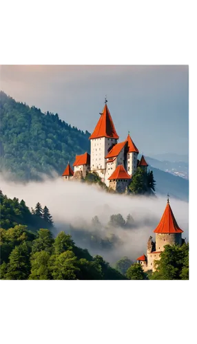 Landmark, Romania, Bran Castle, medieval architecture, towers, turrets, stone walls, red roofs, misty mountains, morning fog, soft sunlight, panoramic view, 3/4 composition, warm color tone, cinematic