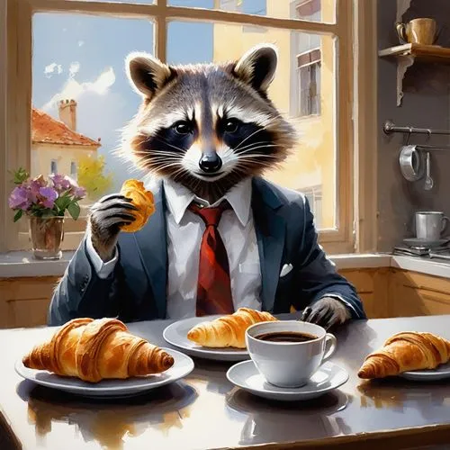 racoon,rocket raccoon,breakfasts,businessman,coffee break,raccoon,breakfast table,coffee background,breakfest,desayuno,breakfast on board of the iron,teatime,suiters,business meeting,coffee tea illustration,breakfasting,suiting,breakfasted,waiter,have breakfast,Conceptual Art,Oil color,Oil Color 03