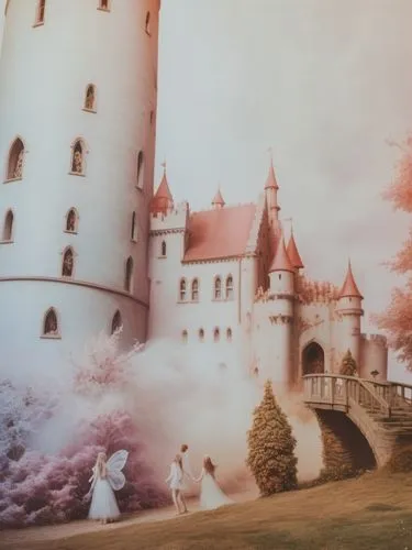 Fairies gather around the fairytale castle in their blurry white veils.,fairy tale castle,fairytale castle,fairy tale,fairytale,fairy tale castle sigmaringen,fantasy picture,a fairy tale,castle of the