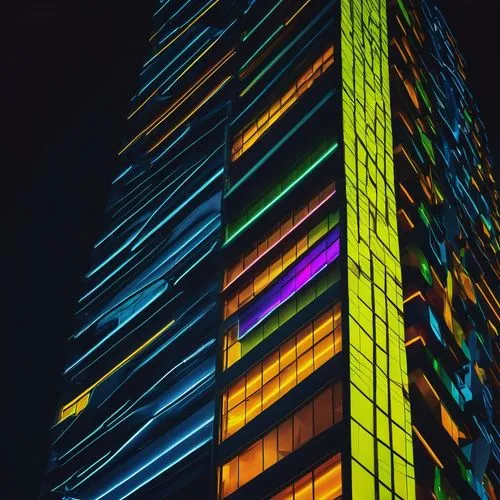 Modern building, futuristic facade, intricate details, angular lines, metallic materials, reflective glass, LED lights, urban landscape, cityscape, skyscraper, night scene, neon lights, vibrant colors