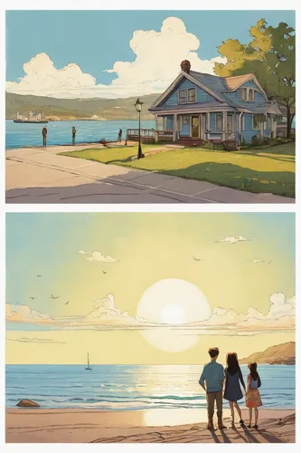 backgrounds,summer cottage,floating huts,beach house,studio ghibli,martha's vineyard,seaside country,beach huts,cottages,house by the water,beachhouse,wooden houses,digital compositing,marthas vineyard,house painting,cottage,seaside resort,islands,huts,illustrations,Conceptual Art,Daily,Daily 08