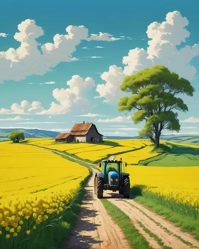 farm background,farm landscape,rural landscape,landscape background,cartoon video game background,tractor,countryside,farm tractor,rapeseed field,springtime background,spring background,agricultural scene,grassfields,meadow landscape,home landscape,chamomile in wheat field,field of rapeseeds,wheat field,canola,dutch landscape,Illustration,Paper based,Paper Based 19