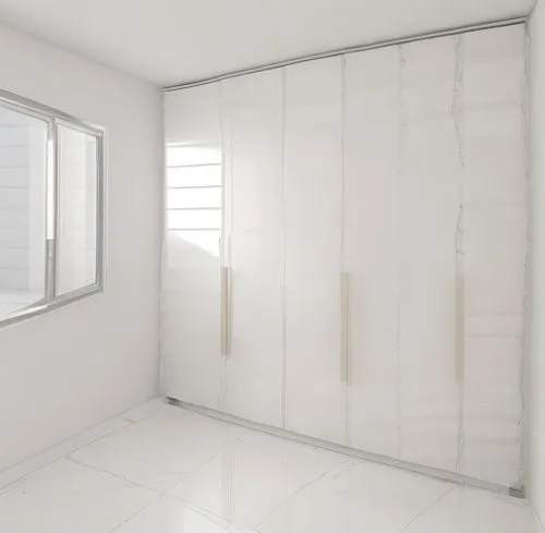 a modern room with a white  varnished cabinet with sunken  white handles only at the bottom part of the cabinet and a shiny white marbel floor with very little veins,shower door,room divider,sliding d