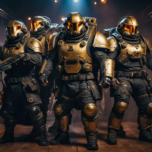 DJ party, people dressed as helldivers ,a group of people in costumes with weapons,fireteam,mercenaries,recruits,helghast,commandos,firefights,spaceguard,centurions,officers,commandoes,peacekeepers,sq