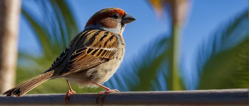 sparrow, Cayo Perico, bird, small, brown feathers, perched, tropical, palm trees, sandy beach, clear blue sky, bright sunlight, natural, wildlife, serene, detailed texture, realistic, vibrant colors, 