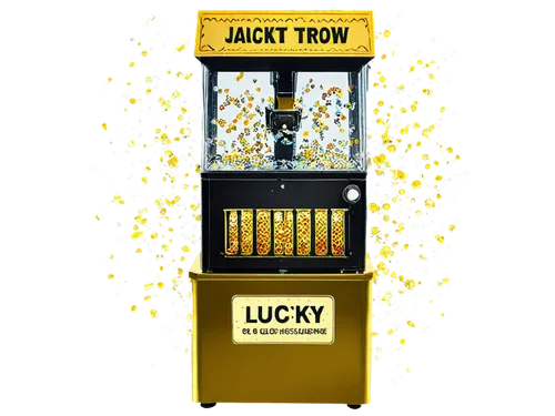 Lucky draw machine, golden ticket dispenser, colorful lottery balls, transparent glass container, shiny metal body, flashing lights, jackpot sign, festive atmosphere, confetti scattered around, slight