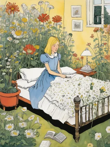 kate greenaway,marguerite,the little girl's room,marguerite daisy,vintage illustration,children's bedroom,girl in flowers,children's fairy tale,dandelion hall,girl in the garden,children's room,girl picking flowers,alice in wonderland,flower blanket,hans christian andersen,nursery,picking flowers,blanket of flowers,cartoon flowers,mayweed,Illustration,Paper based,Paper Based 21